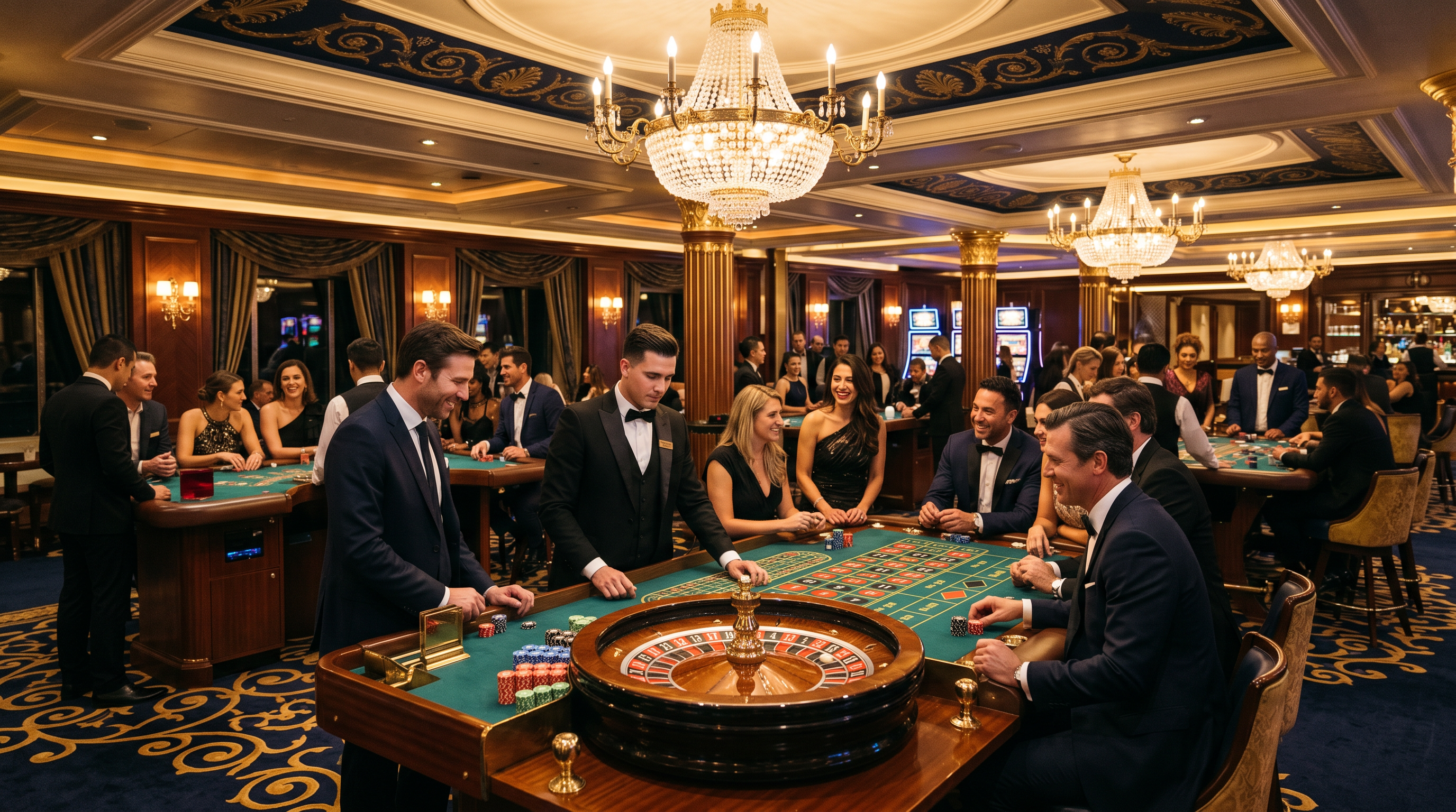 Elegant on-board entertainment lounge with golden lighting and sophisticated decor