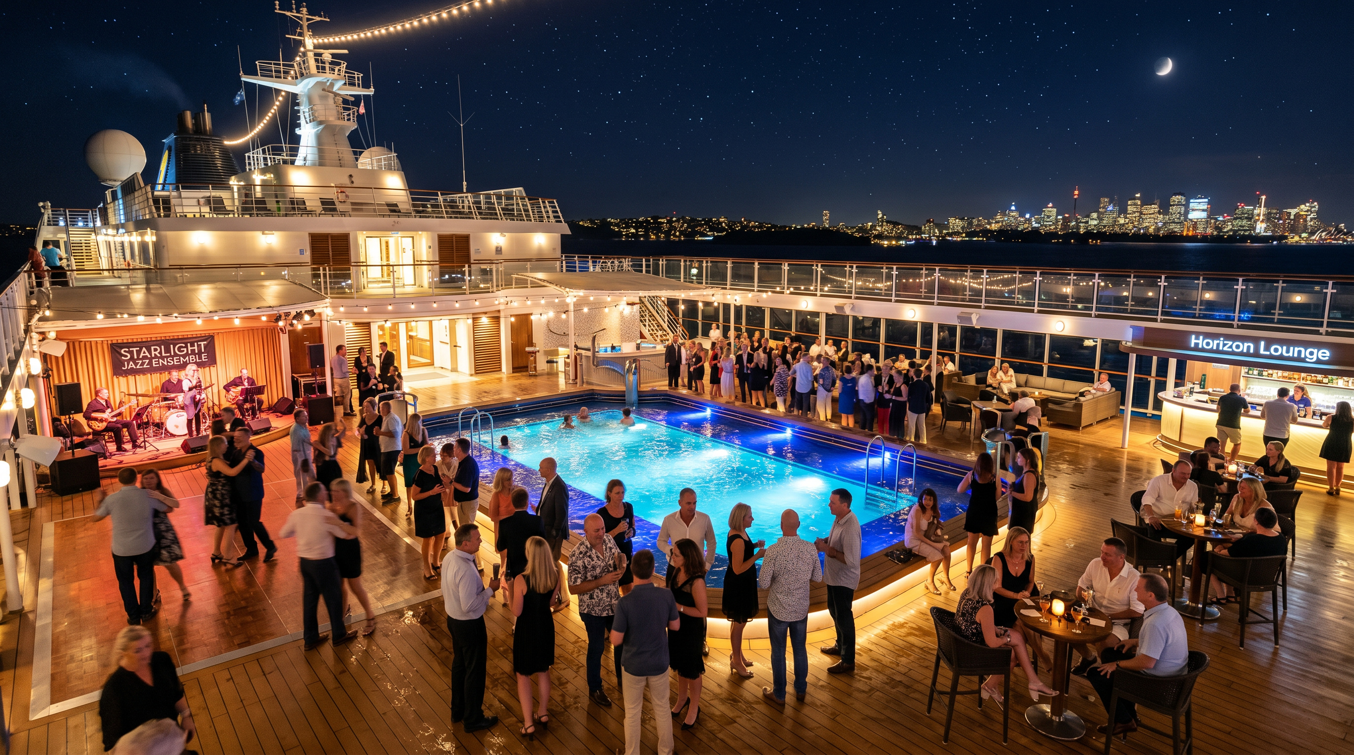 Vibrant evening entertainment on cruise ship deck with glowing lights and people enjoying the atmosphere