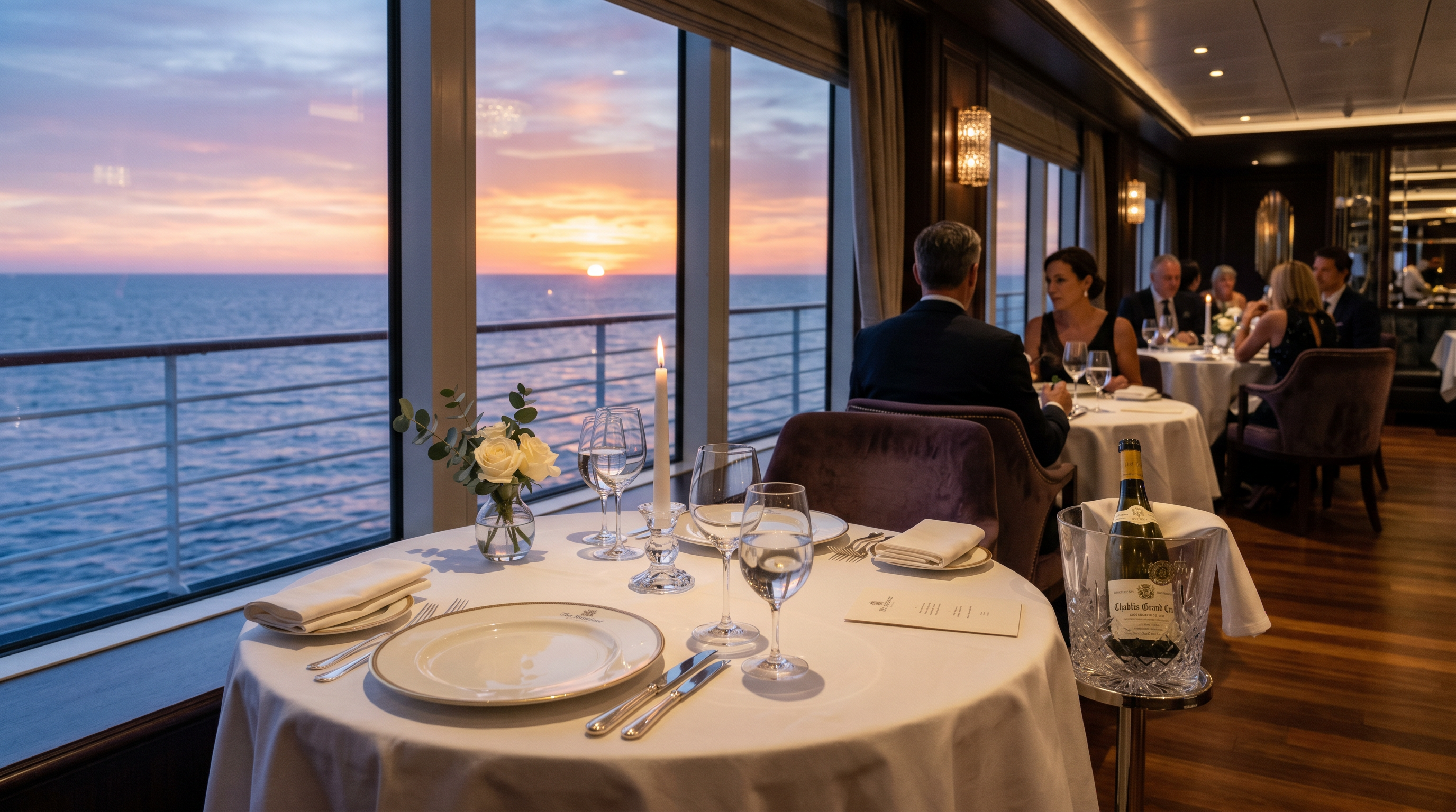 Fine dining restaurant aboard a luxury cruise ship with panoramic ocean views at sunset