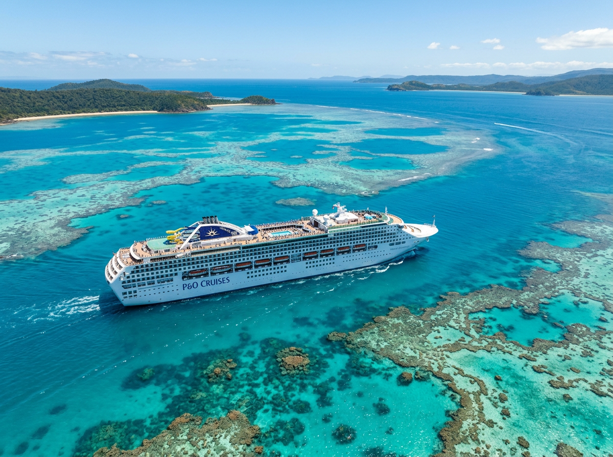 P&O Pacific Explorer sailing near the Great Barrier Reef, Queensland Australia