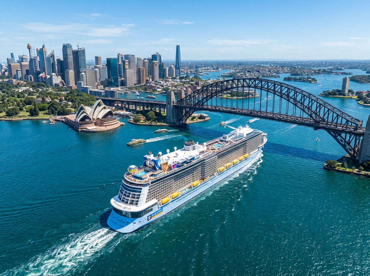 Royal Caribbean cruise ship sailing near Sydney Harbour Bridge, Australia